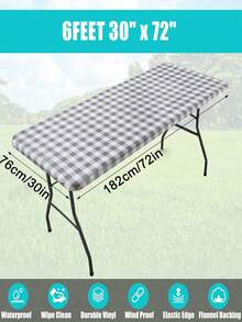 Prostokątny obrus piknikowy, elastyczny, dopasowany obrus winylowy o szerokości 1,8 m z flanelowym spodem, wodoodporny, w kratę, do jadalni, na kemping i na zewnątrz (szary i biały, 76 cm x 183 cm)