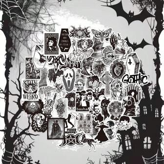 50 张黑白哥特主题贴纸 - 防水乙烯基，适用于笔记本、手提电脑、烧瓶、手提箱等 - 恐怖美学 DIY 剪贴簿装饰