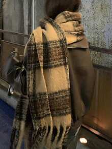 1pc Premium Merinowool Plaid Scarf For Women, Autumn/Winter, Vintage Chic, Thick & Warm For Dress - Coffee Brown - View 3