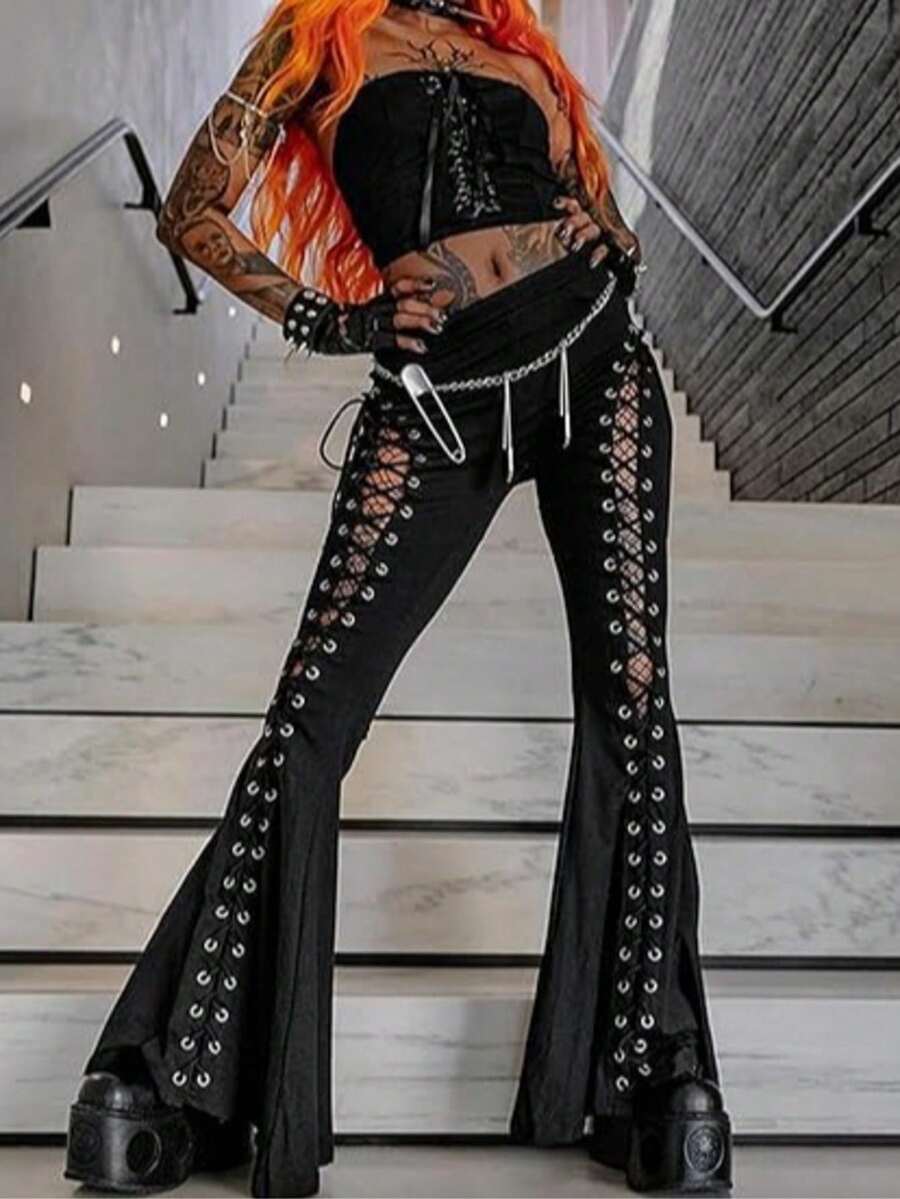 Gothic Lace Flared Pants Are A Must-Have For Women's High-Waisted Y2K Women's Retro And Sexy Slimming Pants In Fashionable Outfits, Festival Streetwear Fashion Must-Have - 黑色 - 查看 1