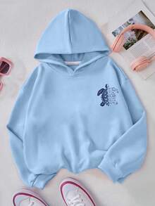1PC Girl Literary Ocean Style Sea Turtle Print Hooded Sweatshirt, Soft And Comfortable, Spring Autumn Daily Leisure Wear