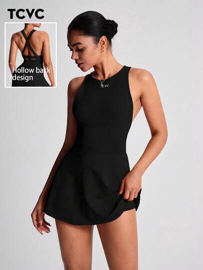 TCVC Vestido deportivo de tirantes para mujer, vestido de tenis de cuello redondo con pantalón corto de con espalda de tirantes cruzados, de tela suave y ajustada, para deportes y yoga en interiores/exteriores, negro de verano