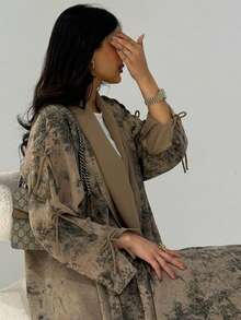 2pcs/Set Modest Fashion Muslim Chiffon Printed Jacket With Headscarf, Casual Summer Outfit