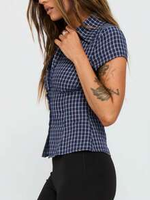 Women Y2k Button Down Shirt Top Blouse Plaid/Solid Color Short Sleeve Lapel Slim Fit Gingham T Shirts Crop Tops Summer Going Out Cropped Tees Tops Party Club Streetwear - Màu xanh hải quân - Xem 6