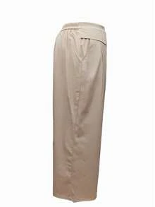 Plus Size Solid Color Casual Front Pocket Decor Wide Leg Pants For Women - Apricot - View 4