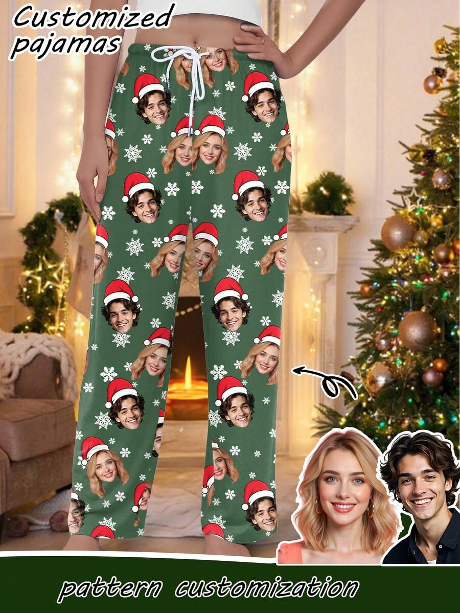 Customized Christmas Print Women's Pajama Pants, Santa Hat & Snowflake Pattern Christmas Loungewear
