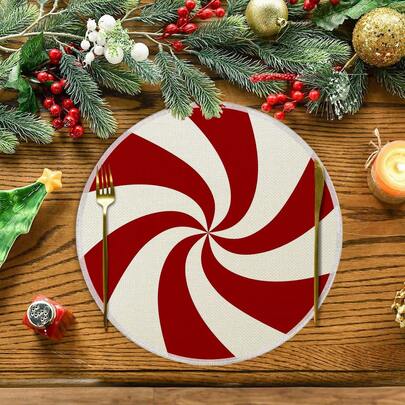 1 件/4 件/6 件/60 件红色条纹圆形餐垫，圣诞亚麻餐垫，防污餐垫，适用于家庭、餐厅和餐馆、桌面装饰、家居用品