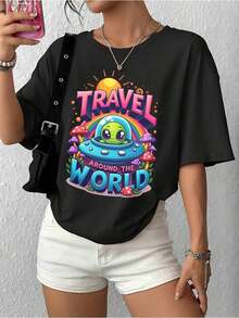 T Shirts Women Hot UFO Travel Around The Sorld Print Tops Women Oversize Loose Tees Love Soft Cosy Slim Clothes 2024 Fashion_2562_t1 - 黑色 - 查看 2