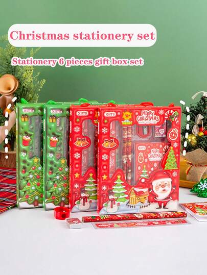 6pcs Christmas Stationery Gift Set, Elementary Student Pencil Case Set, Children's Christmas Small Gift, Daily Learning Stationery Set