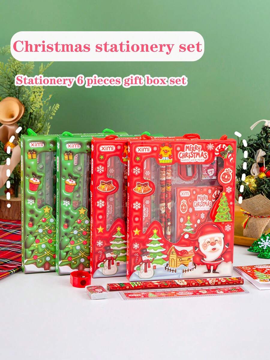 6pcs Christmas Stationery Gift Set, Elementary Student Pencil Case Set, Children's Christmas Small Gift, Daily Learning Stationery Set