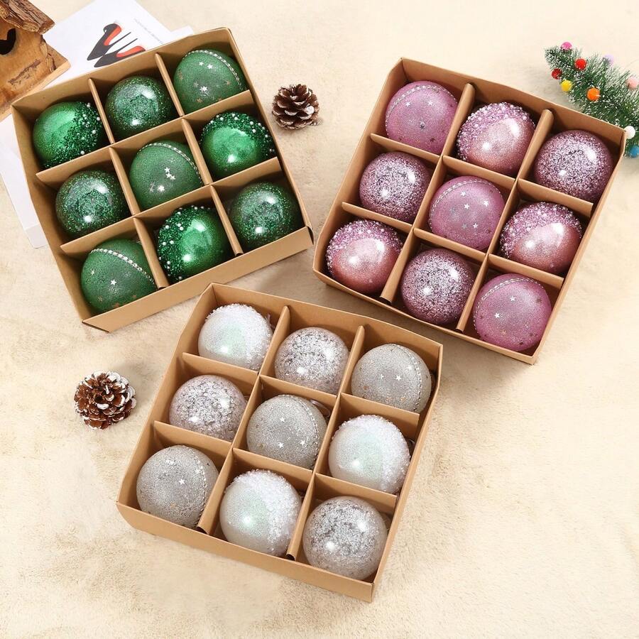 9 pièces/boîte, boules de décoration d'arbre de Noël de 8 cm/3,1 po de diamètre, boules décoratives colorées suspendues pour salon, chambre à coucher, décoration de fête de vacances, pendentifs de décoration de Noël, décoration de la maison, décorations de Noël, décoration de pièce d'hiver