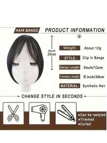 Clip-In Pony Haarverlängerungen - Stirnfransen Clip-Ons für Frauen dunkelbraun, acht Zeichen Luft Pony mit Schläfen Haarteile, geschwungene Pony für Frauen zum täglichen Tragen (dunkelbraun schwarz)