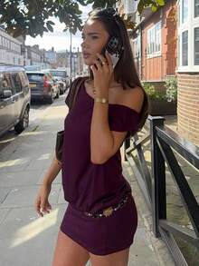 Solid Color Asymmetrical Neckline Two-Way Batwing Sleeve Waist-Cinching Bodycon Short Dress - Màu tím - Xem 4