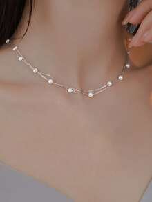 1pc S925 Sterling Silver Multi-Layer Pearl Necklace, Luxury Minimalist Elegant Personalized Chain Necklace, Perfect Gift