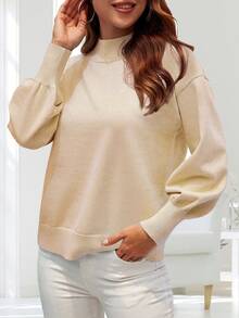 Women's 2025 Fall Fashion Casual Sweaters Mock Neck Long Lantern Sleeve Lightweight Knit Pullover Sweater Tops - 杏色 - 查看 4