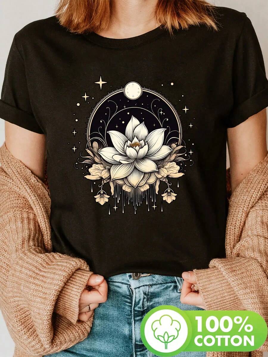 Women'S Black Lotus Flower & Moon Print T-Shirt - Casual Crew Neck, Short Sleeve, Summer & Spring Top With Stars & Golden Accents, Casual Wear| Floral Print Top| Comfortable Fit, Ladies T Shirts - 黑色 - 查看 1