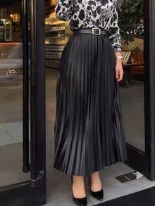 Fashionable Elegant High-Waisted Pleated Skirt, Vintage A-Line Maxi Skirt (No Belt) - Black - View 2