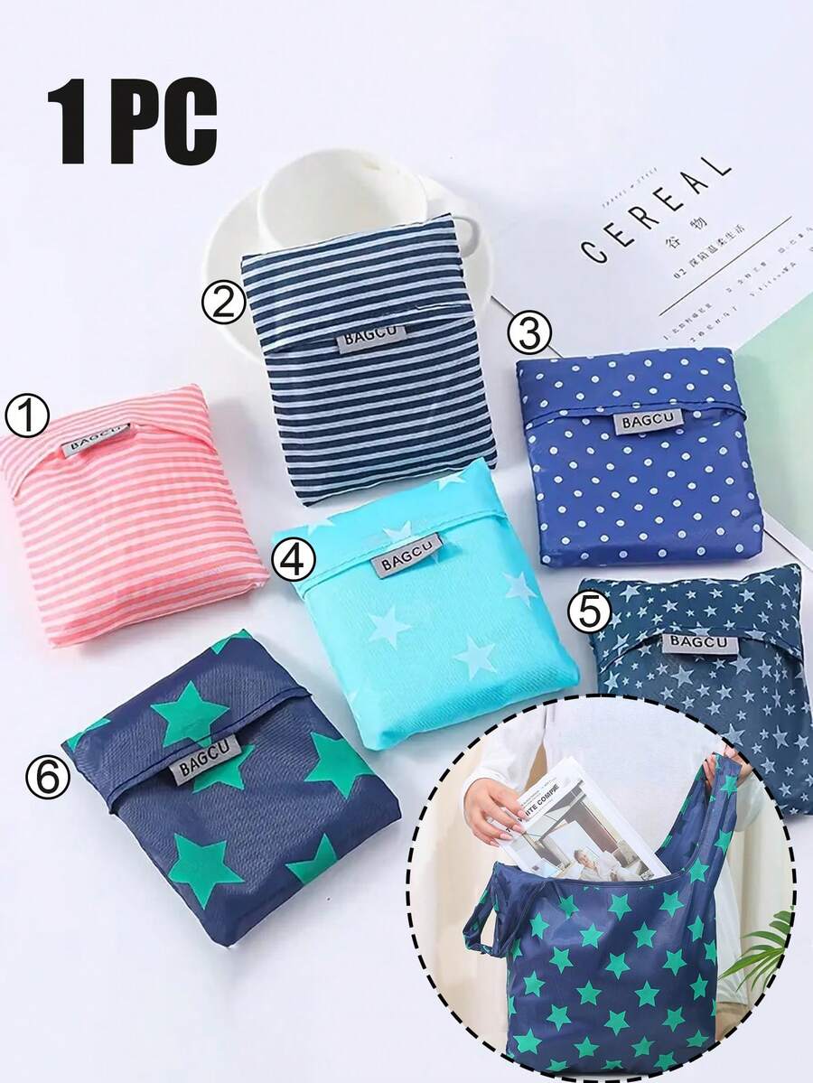 Bộ 1 túi đeo vai gấp gọn, tái sử dụng bằng polyester kèm túi nhỏ, thiết kế đồ họa độc đáo phủ khắp bề mặt, túi mua sắm dung tích lớn phù hợp để đựng thực phẩm, du lịch, rau củ/trái cây/đồ nội thất/đồ chơi (6 kiểu) - Nhiều màu - Xem 1