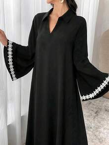 Robe décontractée élégante d'automne pour femmes avec col en dentelle et patchwork, convient pour les vacances, le port quotidien et les sorties, automne/hiver - Noir - Voir 3