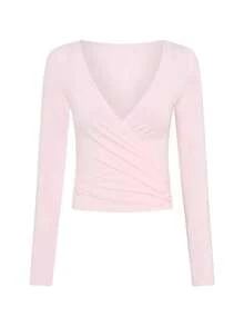 粉色瑜伽健身弹力柔软系带V领裹身长袖短款紧身T恤，时尚简约休闲优雅女装必备单品，春秋季 - 粉色 - 查看 5