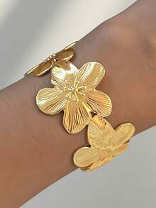 1 件花卉纹理金属厚手镯，可调节开口设计，可爱、时尚、优雅、复古、多层，适合节日、派对、礼物、日常通勤 - 金色5 - 查看 7