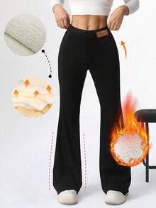 Women's High Waist Flare Pants, Thermal Lined Wool Warm Trousers For Autumn/Winter, Solid Color Elastic Waist Slim Fit Leggings, Suitable For Cold Weather And Outdoor Activities