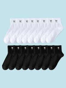 8 Pairs Random Mixed Color Solid Simple Style Children Socks, Versatile Casual Everyday Wear, Infant Mid-Calf Socks With Black & White Bow Pattern - Multicolor - View 2