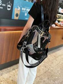 男女通用黑色水晶双肩包，复古图案设计，字母吊坠，奢华大容量双肩包，舒适肩带，可装笔记本电脑，支持手提、双肩背、单肩背、斜挎，适合女士手提包、男士双肩包、情侣双肩包、学生双肩包 - 黑色 - 查看 5