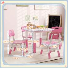 Adjustable Height Activity Table Set With 4 Chairs And Storage Box 23.6 Inch Square Pink MDF Construction 7 Level Table Adjustment Space Saving Design 110lb Capacity