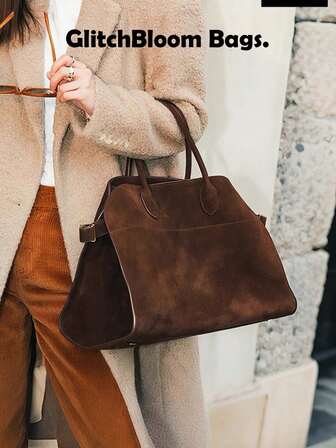 复古棕色绒面革托特包 - 大容量通勤单肩包，配有磁扣、尼龙衬里和耐用手柄，非常适合日常使用，日常托特包 | 复古风格包 | 耐用手柄，托特包