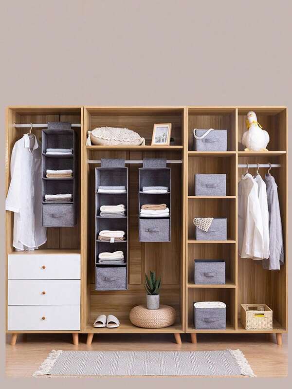 منظم تخزين خزانة معلق - رف معلق قابل للطي للخزائن والخزانات والدواليب، حل تخزين غرفة نوم موفر للمساحة مع أرفف الأدراج، حقيبة تخزين معلقة من قماش غير منسوج متعدد الطبقات للأحذية والملابس والمطبخ، ديكور منزلي بنمط كتان رمادي، ديكور غرفة، وديكور الخريف، منظم متعدد الوظائف قابل للتعليق، ديكور الخريف المنزلي