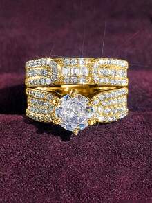 2 件套立方钻石订婚和结婚戒指套装，奢华闪耀，适合女性婚礼佩戴和情人节礼物 - 金色 - 查看 14