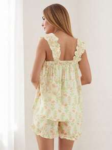 Women Floral Print Summer Set Square Neck Flutter Sleeve Loose Tank Tops Ruffled Shorts 2-Piece Outfits - 橘色 - 查看 7
