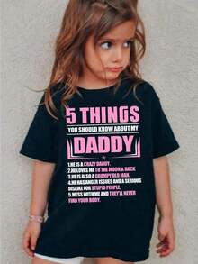 5 THINGS YOU SHOULD KNOW ABOUT MY DADDY Print, Girls' Casual Comfy Crew Neck Short Sleeve T-Shirt For Spring And Summer, Girls' Clothes For Outdoor Activities, Children's Day/Birthday/Festival Gifts - 黑色 - 查看 1