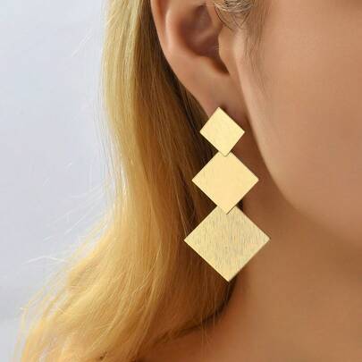 1 Pair Gold Square Vertical Striped Metal Pendant Earrings, Elegant For Summer Party, Wedding, Holiday, Graduation, Independence Day, Casual Wear