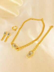 Bộ trang sức 5 món bằng vàng 18K đính đá Zirconia, gồm bông tai, dây chuyền, nhẫn và vòng tay, thích hợp cho nữ giới, phù hợp cho đám cưới, tiệc tùng, sinh nhật và các dịp lễ hội. - Vàng - Xem 2