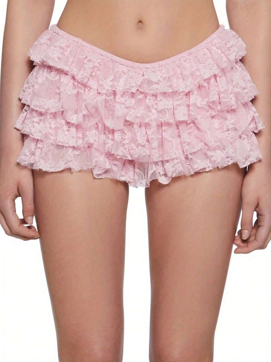 Womens Layered Lace Bloomers Casual Stylish Solid Elastic Low Rise Shorts For Summer - 粉色 - 查看 1
