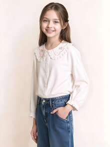 青少年女孩' 有领棉质长袖衬衫，轻盈休闲学院风，秋季 - 白色 - 查看 4