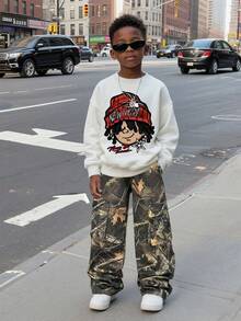 青少年男孩卡通图案保暖圆领运动衫和梭织长裤套装 - 白色 - 查看 2