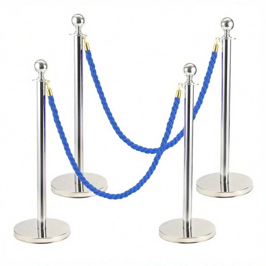 Shoze Queue Barrier Posts Stands 1 Set Crowd Control Stanchions With 1.5M Ropes Heavy Duty Stainless Steel Queue Barrier Posts With Weighted Bases For Events Airports Hotels - Silver Blue - View 1