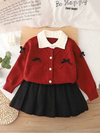 2pcs Girls Knitted Sweater Cardigan & Pleated Skirt Set, Classic Design Collared Sweater Outfit, Holiday/Birthday Gift