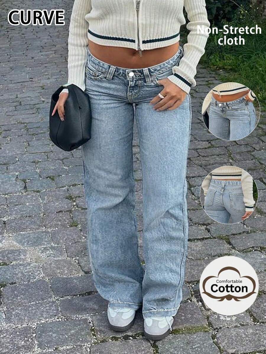 New Seasonal Style Fashionable Vintage Wide-Leg Jeans For Women New Mid-Rise Loose-Fit Slimming Drapey Straight-Leg Plus Size Women's Jeans - 淺色水洗藍 - 查看 1