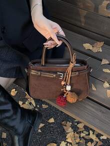 复古 Maillard 女士手提包，秋季新款小方包，绒面革单肩斜挎包 - 咖啡 - 查看 4