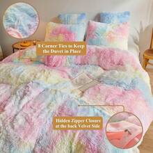 Plush Shaggy Duvet Cover Set, Ultra Soft Fluffy Bedding Sets 3 Pieces (1 Fuzzy Comforter Cover + 2 Pillow Cases), Zipper Close (, Pink), Luxury Bedding - Rainbow - 查看 6