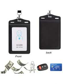 1个带挂绳的证件卡套，双面5卡位，PU皮革拉链口袋，带可拆卸钥匙扣挂绳，适合青少年、男士、女士、商务人士、教师、毕业生、返校季 - 黑色，卡套，证件卡套，女士钱包，学习用品（黑色） - 黑色 - 查看 5