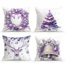 1 Stück/4 Stücke lila Weihnachtsthema Muster Kissenbezug, einseitig bedruckter Kissenbezug, geeignet für Wohnzimmer, Schlafzimmer, Heimdekoration, ganzjährig