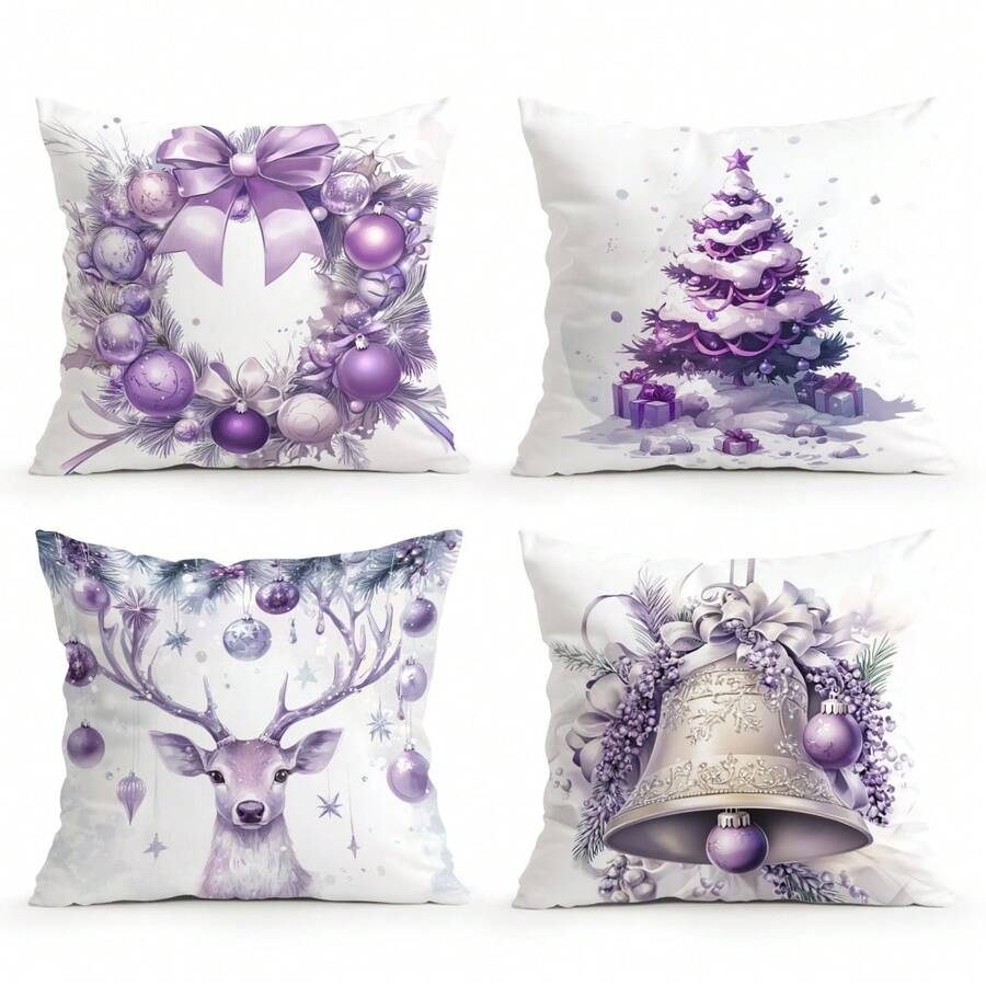 1 Stück/4 Stücke lila Weihnachtsthema Muster Kissenbezug, einseitig bedruckter Kissenbezug, geeignet für Wohnzimmer, Schlafzimmer, Heimdekoration, ganzjährig