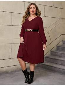 Women's Plus Size V-Neck Ribbed Dress With Removable BeltLong Sleeve A-Line Midi Dress - 酒紅色 - 查看 3
