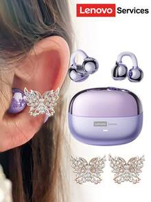 Lenovo سماعات بلوتوث موضة من ليونوفو LE302 مع إكسسوارات سماعات الأذن على شكل فراشة، سماعات أذن قابلة للتثبيت بالكليب مع صوت محيطي، جودة صوت عالية، انخفاض في التأخير، إلغاء ضوضاء ENC، ارتداء مريح، مناسبة كإكسسوار أقراط موضة وهدية للنساء