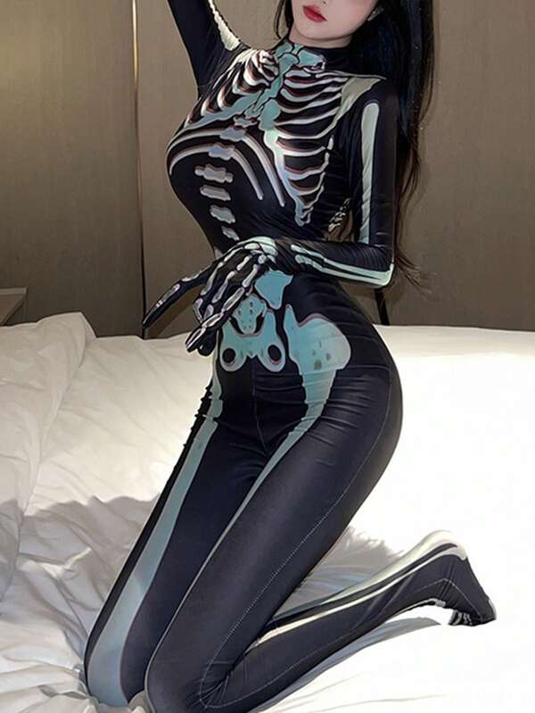 1pc Halloween/Easter Cosplay Green Skeleton Jumpsuit